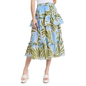 New Tanya Taylor Horizon Blue Tropical Leaf Hazelle Tiered Midi Skirt Size Small